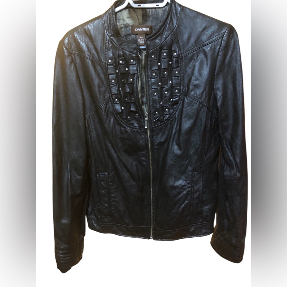 Unique Leather Jacket , ribbon and metal trim accents , Women’s Medium